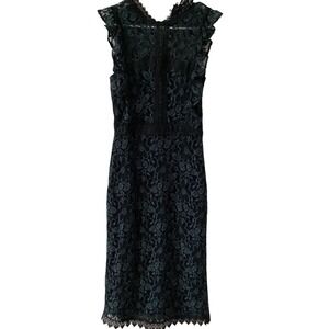 ZARA BASIC Lace Midi Dress Black Teal Floral Scalloped Hem Cocktail Party Sz S